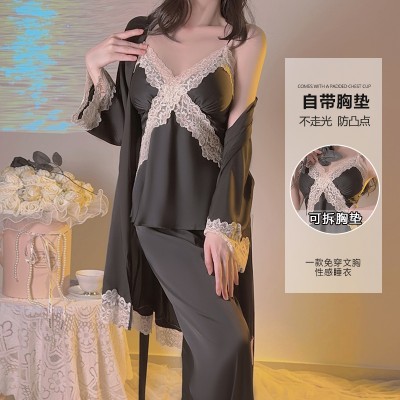 Guiruo Sexy Deep V Plus Chest Cushion Suspender Top Long Pants Outer Robe Three Piece Comfortable Pure Lust Home Suit Set