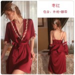 Guiruo brand solid color pajamas with slit, sexy private room suspender dress, lace embroidery cardigan, home clothing set 991