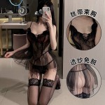 Guiruo Fun Lingerie Sexy Mesh Perspective Attractive Strap Low cut Nightwear Hanging Strap Fluffy Skirt Women's Set 1721