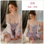 Guiruo Sexy and Chest Cushion Gather Simple Private Room Suspender Sleeping Dress Mesh Outer Robe Ice Silk Home Suit Set 3419