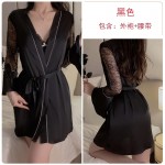 Ruo Ruo Sweet Lace Deep V with Chest Pads Sexy Open Back Silk Smooth Satin Nightgown Outer Robe Home Suit Set 1170