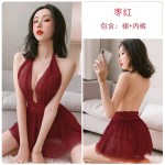 Guiruo Deep V Pleated Open Back Design Perspective Double Layer Mesh Skirt Sexy Hanging Neck Sleeping Dress Home Suit 630