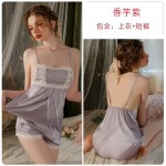 Guiruo Summer Satin Embroidery Lace Square Neck Pocket Style Suspender Shorts Sweet Outer Robe Home Suit Set 3486