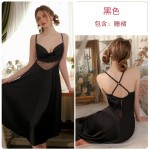 Guiruo French Sexy Deep V Swinging Neck Satin Mesh Perspective Cross over Open Back Women's Sleeping Dress Home Suit Set 3213