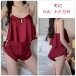 Guiruo Sexy Satin Hollow Lace Retro Plate Buckle Suspender Top Shorts Mesh Outer Robe Home Set 3383