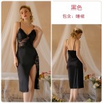 Guiruo Sexy Pajamas Deep V with Chest Pads Perspective Lace Side Split Sling Sleeping Dress Outer Robe Home Set Q3255