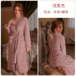 Guiruo Sexy Lace Splice Waist Tie Up Nightgown Outer Robe Women's Flannel Solid Color Homewear Set P3003