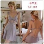 Guiruo Lingerie Sexy Deep V Transparent Yarn with Chest Cushion Flying Sleeves Satin Sleeping Dress French Robe Home Suit Set P3450