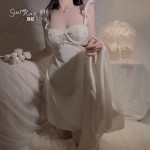 Guiruo Satin V-neck with Chest Cushion Sexy Backless Lace up Temptation Sling Sleeping Dress Outer Robe Home Suit Set 3559