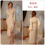 Guiruo Sexy V-neck Satin Lace Embroidery and Chest Cushion Split Simple and Comfortable Sleeping Dress Home Suit Set Q2956