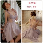 Guiruo Sexy Deep V Satin Lace and Chest Pad Mesh Perspective Backless Nightwear Outer Robe Women's Home Furnishing J3134