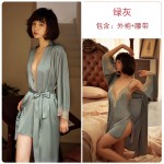 Ruo Ruo Thin Sexy Deep V Side Split Embroidery Lace Hanging Dress Lace Up Outer Robe Home Suit Set 272