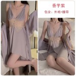 Rose Ruosi Smooth Satin Lace Perspective Deep V Open Back Temptation Sling Sleeping Dress Outrobe Women's Home Set J2413