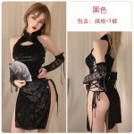 Guiruo Fun Lingerie Women's Printed Gold Velvet Lace with Split Hollow out Cheongsam Uniform Temptation Passion Set 674