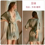 Guiruo Brand Sexy Deep V Lace Satin Suspended Nightgown Lace up Nightgown Women's Two Piece Home Furnishing Set 808