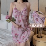 Rose like Sweet Flower Print Chiffon Sexy Split Perspective Attractive Women's Sling Sleeping Dress Home Set 19224