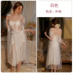 Guiruo Satin Face with Chest Pads, Perspective Lace Waist, Slim Slim Hanging Strap, Sleeping Dress, Mesh Outer Robe, Home Suit Set 3382