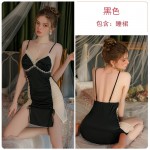 Guiruo Satin 3D Bow Chest Cup with Chest Pads Perspective Mesh Suspender Sleeping Dress Outer Robe Home Set 3425