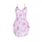 Rose like Sweet Flower Print Chiffon Sexy Split Perspective Attractive Women's Sling Sleeping Dress Home Set 19224