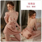 Guiruo Summer Sexy Backless Temptation Ice Silk Pajamas with Chest Pads Gather Sleeping Skirt, Outer Robe, Home Suit Set 3170