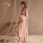 Guiruo brand sexy lace patchwork satin pajamas long robe women's home clothing set issued on behalf of 19960