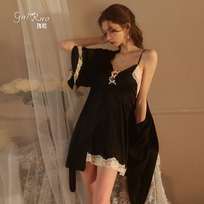 Guiruo Sexy Deep V Bow Sweetheart Pajamas Open Back Temptation Sling Sleeping Dress Outer Robe Home Furnishing Set 2065