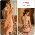 Guiruo Sexy Deep V Low Chest Temptation Pajamas Open Back Chain Solid Comfortable Sling Dress Home Suit Set 2139