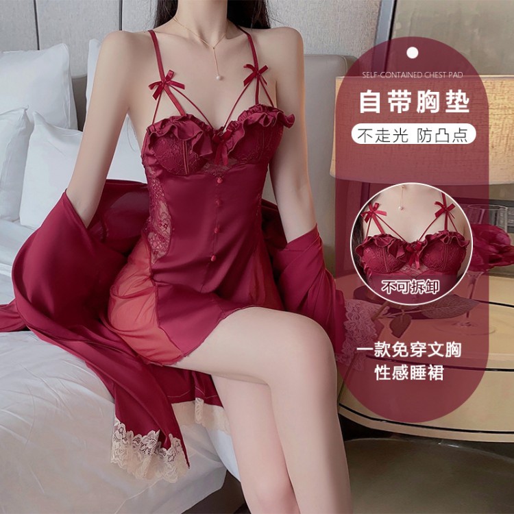 Guiruo Satin Combination Yarn Perspective Lace and Chest Cushion Low Chest Gathering Sleeping Dress Outer Robe Women's Home Furnishing Set 2227