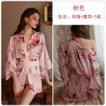 Guiruo Fun Underwear Japanese Printed Kimono Low cut Breast Dewing Temptation Nightgown Waist Pulling Cardigan Uniform Set 1597