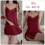 Guiruo Satin Lace Lace Hollow Splice Lace Simple and Comfortable Hanging Strap Sleeping Dress Outer Robe Women's Homewear Set 542