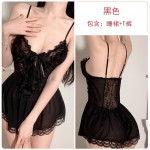 Guiruo Fun Lingerie Sexy Mesh Perspective Attractive Sweet Solid Color Suspended Sleeping Dress Women's Home Suit Set 2216