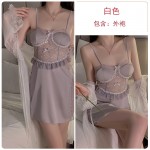 Guiruo Satin Lace Perspective and Chest Cushion Collar Low Chest Gathering Open Back Sleeping Dress Outer Robe Home Suit Set 3140