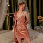 Guiruo Brand Sexy Long Velvet Pajamas Lace Deep V Temptation Sling Skirt Outer Robe Home Fur Set P2856