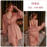 Guiruo Sexy Nightwear Home Fur Women's Thin Pure Desire Ice Silk Sweet Suspender Ribbon Nightwear Outrobe Set 2199