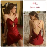 Guiruo Sexy Pajamas European and American Suspended Dress Open Back Deep V Satin Casual Comfortable Outer Robe Home Suit Set 1912