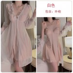 Guiruo Sexy Deep V with Chest Cushion Perspective Lace Collar Flying Sleeves Sleeping Dress Outrobe Women's Home Furnishing Set P3562