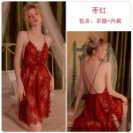 Guiruo Sexy Lace Side Slits Deep V Suspended Sleeping Dress Comfortable Outer Robe Large Women's Home Furnishing Set 311