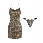 Guiruo Sexy Deep V Hot Open Back Seduction Small Leopard Pattern Slim Fit Wrap Hip Strap Sleeping Dress Home Suit Set 3203