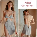 Qiruo Brand Autumn and Winter Fun Underwear Lace Embroidery Pajamas Hollow out Temptation Sling Dress Home Suit Set 1512