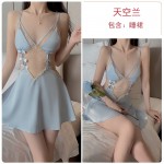 Guiruo Sexy Backless Temptation Ice Silk Pajamas with Chest Pads Gathered Strap Sleeping Skirt Outer Robe Home Suit Set 1667