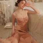 Guiruo Brand's Simple and Comfortable Satin Deep V Lace Chest Cushion Sexy Long Sleeping Dress Temptation Home Sleeping Dress J2792