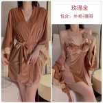 Guiruo Sexy Open Back Low Chest Gathered with Chest Pads Lace Perspective Velvet Sleeping Skirt Outer Robe Home Suit Set 2953