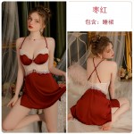 Guiruo Sexy Backless Deep V with Breast Pads Satin Contrast Lace Perspective Temptation Sleeping Skirt Outer Robe Home Suit 3554