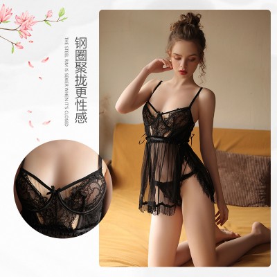 Guiruo Brand Fun Underwear Sexy Mesh Perspective Attractive Deep V Split Tassel Hanging Sleeping Dress Set 1067