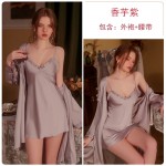 Guiruo pajamas Long sleeved breathable satin sweet pajamas Solid color suspender pajamas Outer robe Women's home wear set 2199