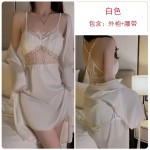 Ruo Ruo Sexy Lace Pure Desire Open Back with Chest Pads Gathered Ice Silk Pajamas Comfortable Outer Robe Home Suit Set 3124