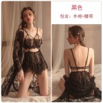 Guiruo Brand Sexy Leaky Breast Lace Embroidery Mesh Solid Color Suspended Sleeping Dress Outer Robe Women's Home Furnishing Set 176