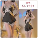 Guiruo Lingerie Sexy Deep V Plus Chest Pads Sweet Lace Satin Top, Shorts, Outer Robe, Women's Homewear Set