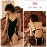 Guiruo New European and American Women's Imitation Silk Sexy Temptation Deep V Lace Splice Perspective Sling Sleeping Dress Home Suit 702