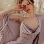 Guiruo Brand Sexy Hollow out Embroidery Mesh Open Back Sleeping Dress Solid Color Robe Women's Home Furnishing Set P3147